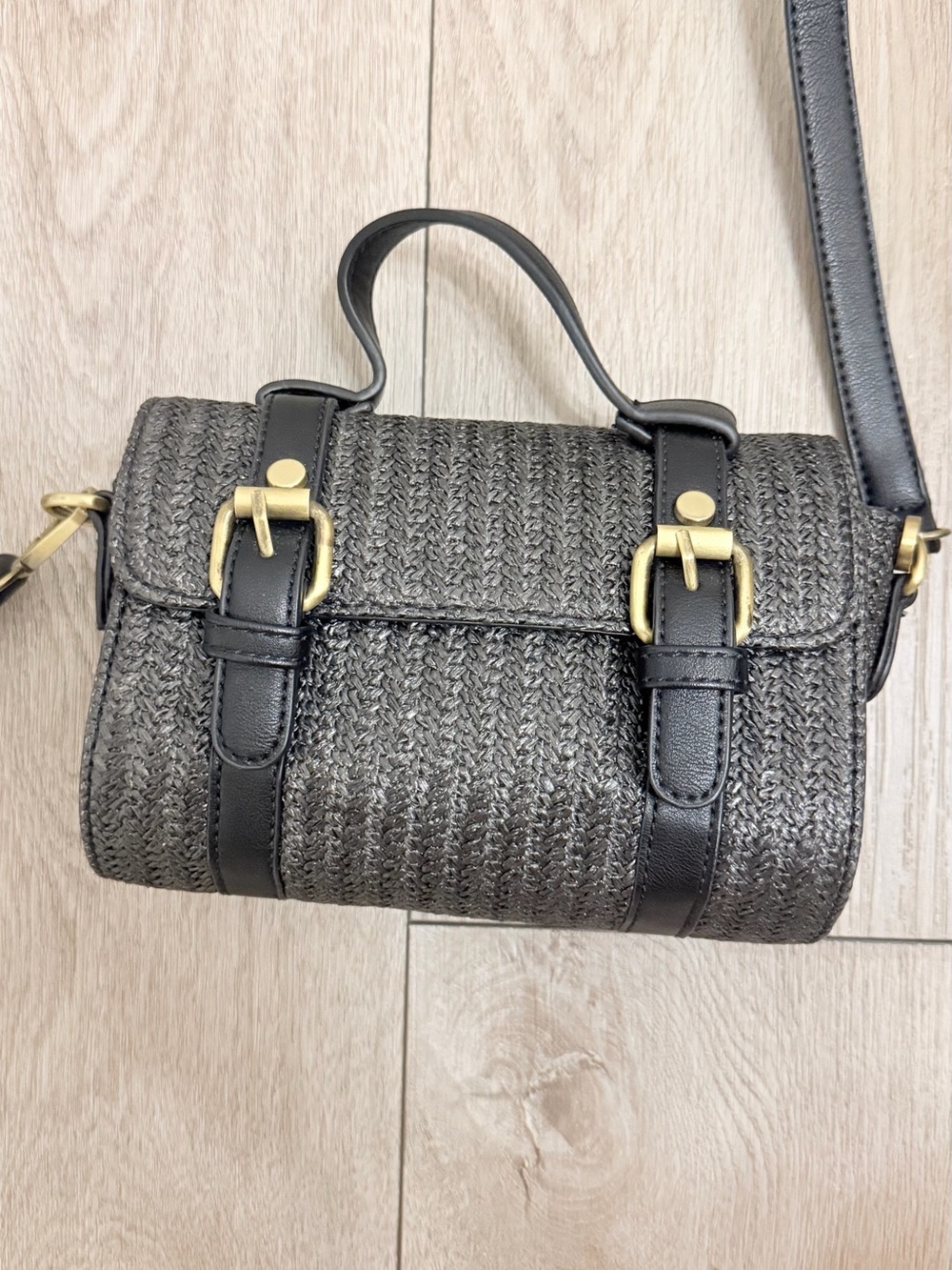 Anthropologie Black Woven Crossbody Satchel with Gold Buckles